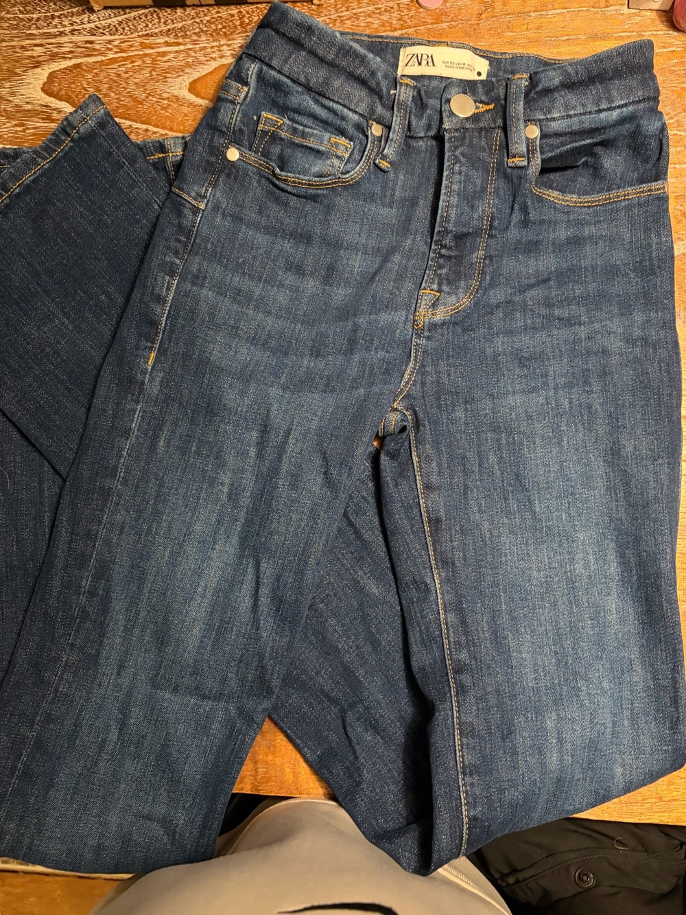ZARA Dark Blue Denim High-Rise Straight Jeans